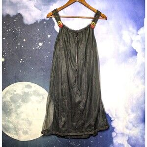 Vintage Black Sheer Tulle Slip Dress Flower Patches Size M Goth Grunge Fairy